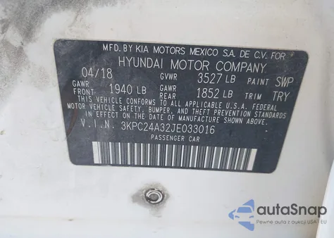 2018 Hyundai Accent Se from USA, damaged, VIN 3KPC24A32JE033016